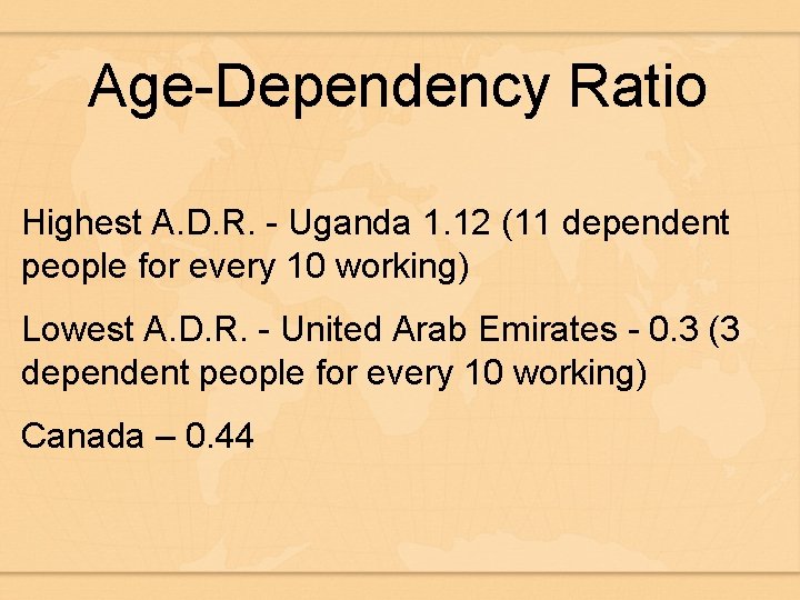 Age-Dependency Ratio Highest A. D. R. - Uganda 1. 12 (11 dependent people for