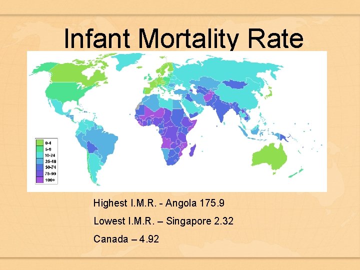 Infant Mortality Rate Highest I. M. R. - Angola 175. 9 Lowest I. M.