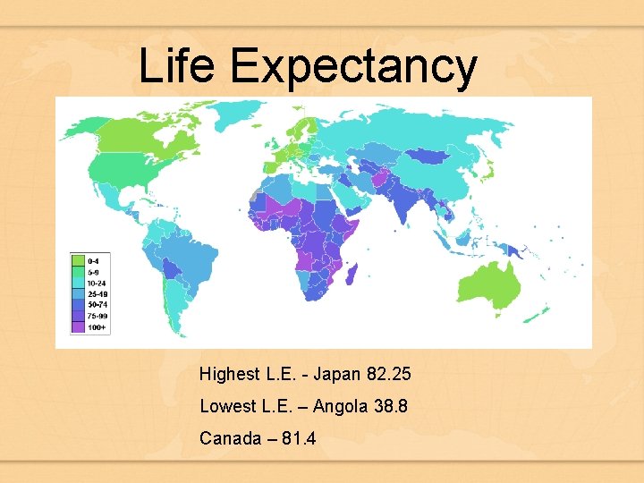 Life Expectancy Highest L. E. - Japan 82. 25 Lowest L. E. – Angola