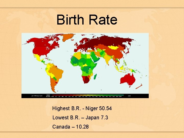 Birth Rate Highest B. R. - Niger 50. 54 Lowest B. R. – Japan