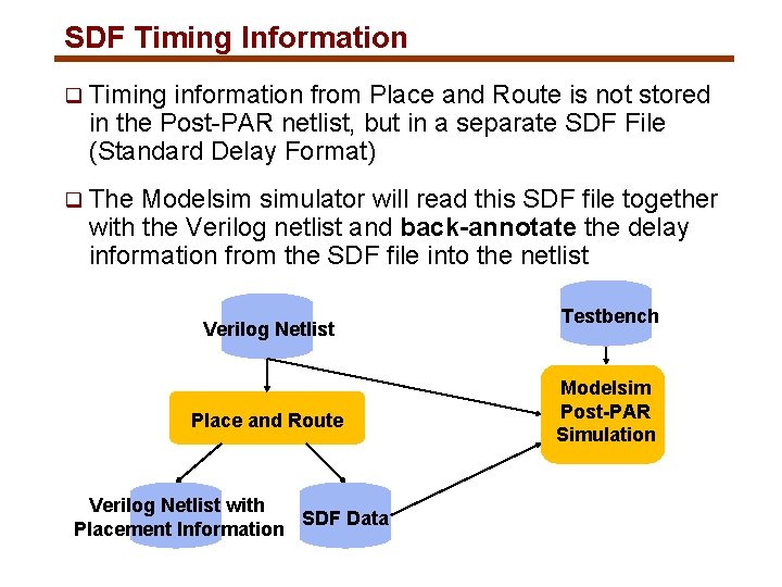 SDF Timing Information q Timing information from Place and Route is not stored in