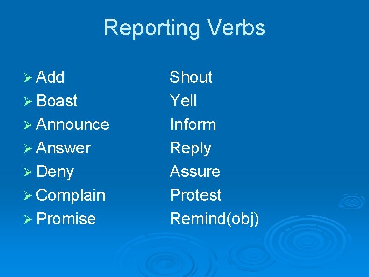 Reporting Verbs Ø Add Ø Boast Ø Announce Ø Answer Ø Deny Ø Complain