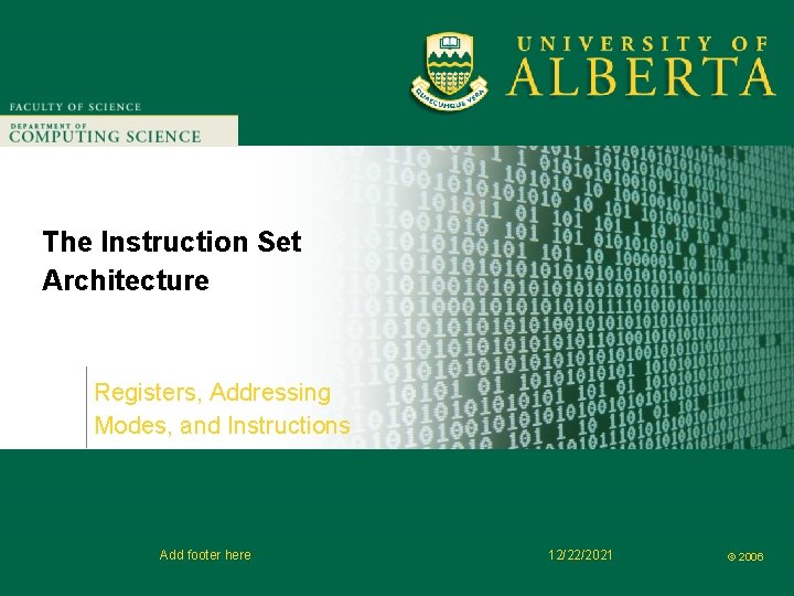 Faculty of Computer Science The Instruction Set Architecture Registers, Addressing Modes, and Instructions Add