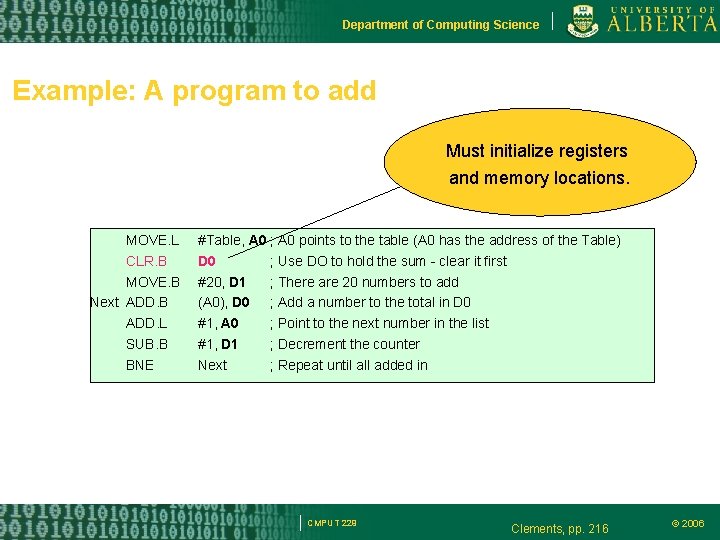 Department of Computing Science Example: A program to add Must initialize registers and memory