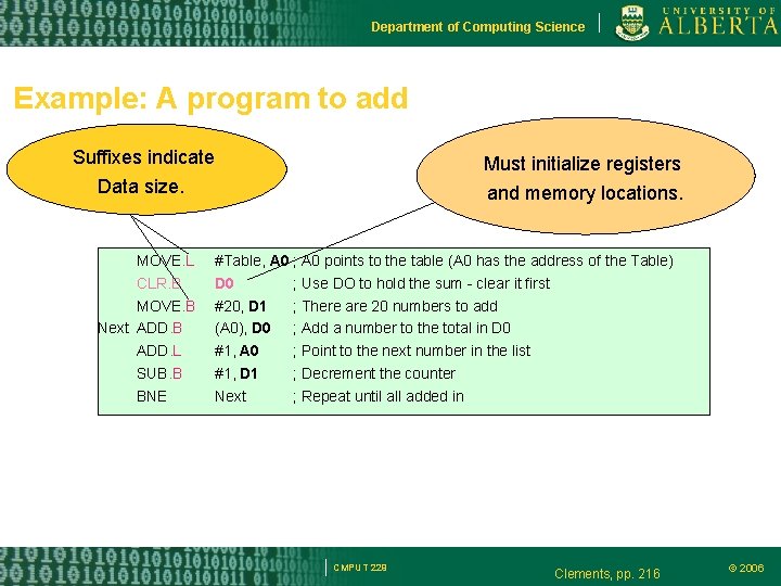 Department of Computing Science Example: A program to add Suffixes indicate Data size. MOVE.