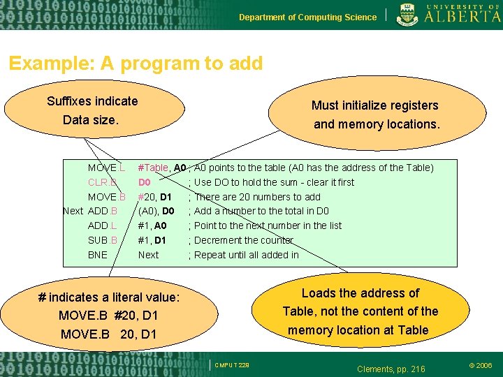 Department of Computing Science Example: A program to add Suffixes indicate Data size. MOVE.
