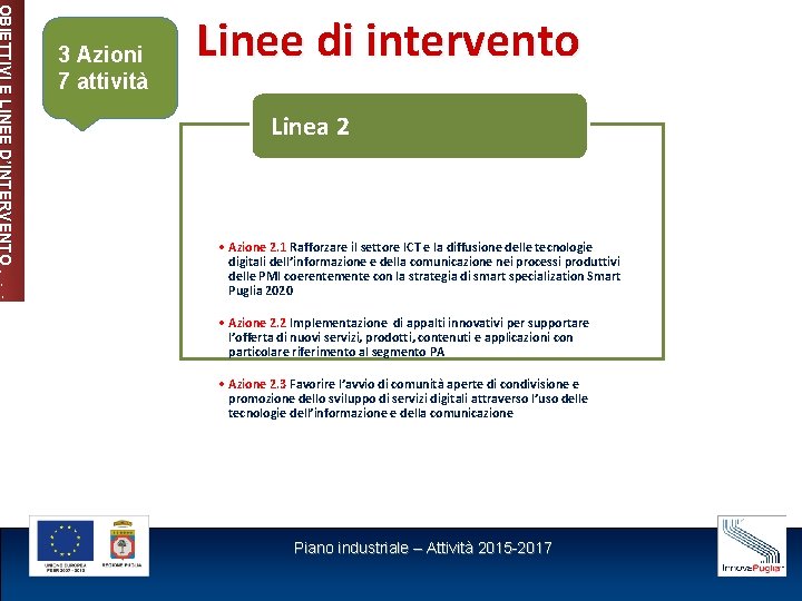 OBIETTIVI E LINEE D’INTERVENTO 3 Azioni 7 attività Linee di intervento Linea 2 •