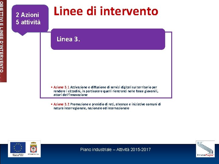 OBIETTIVI E LINEE D’INTERVENTO 2 Azioni 5 attività Linee di intervento Linea 3. •