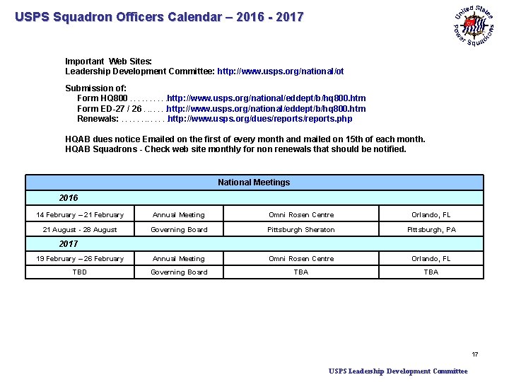 USPS Squadron Officers Calendar – 2016 - 2017 Important Web Sites: Leadership Development Committee: