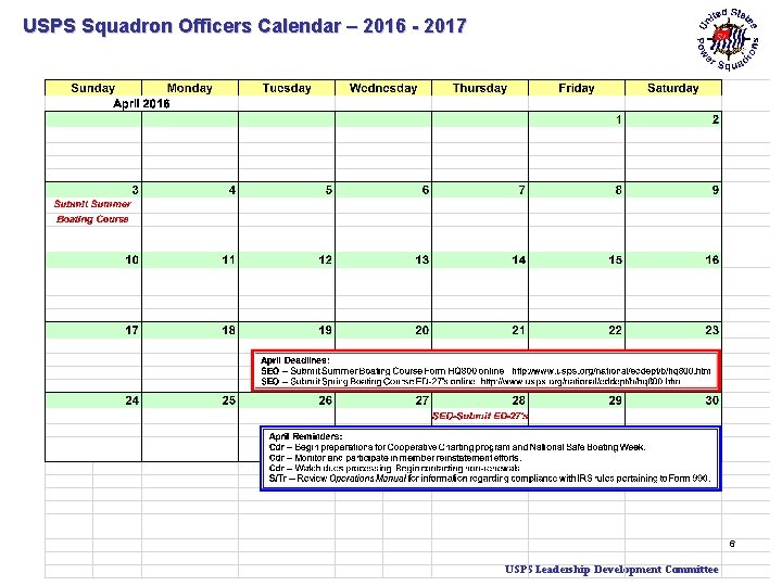 USPS Squadron Officers Calendar – 2016 - 2017 6 USPS Leadership Development Committee 