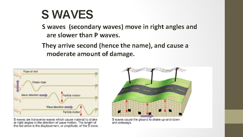 S WAVES S waves (secondary waves) move in right angles and are slower than