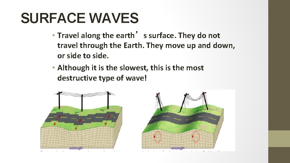 SURFACE WAVES • Travel along the earth’s surface. They do not travel through the