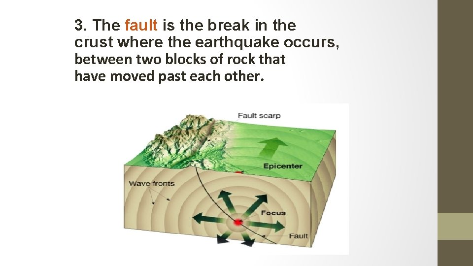 3. The fault is the break in the crust where the earthquake occurs, between