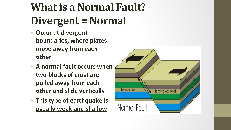 What is a Normal Fault? Divergent = Normal • Occur at divergent boundaries, where
