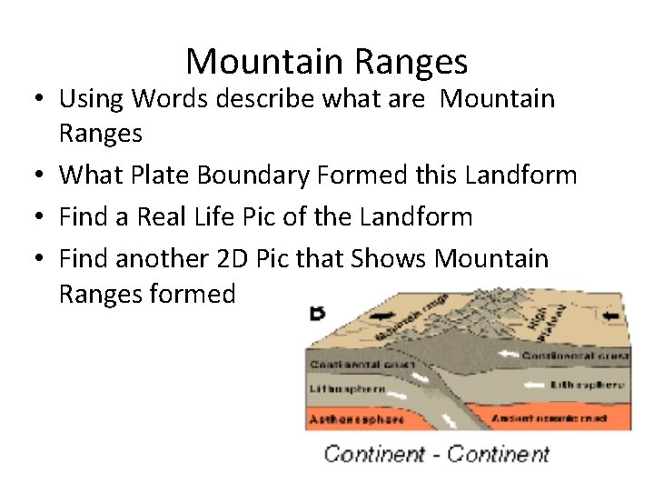 Mountain Ranges • Using Words describe what are Mountain Ranges • What Plate Boundary