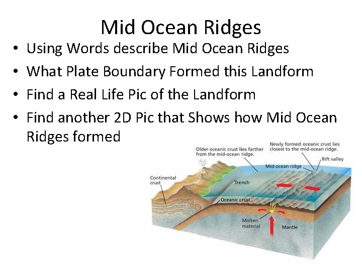 • • Mid Ocean Ridges Using Words describe Mid Ocean Ridges What Plate