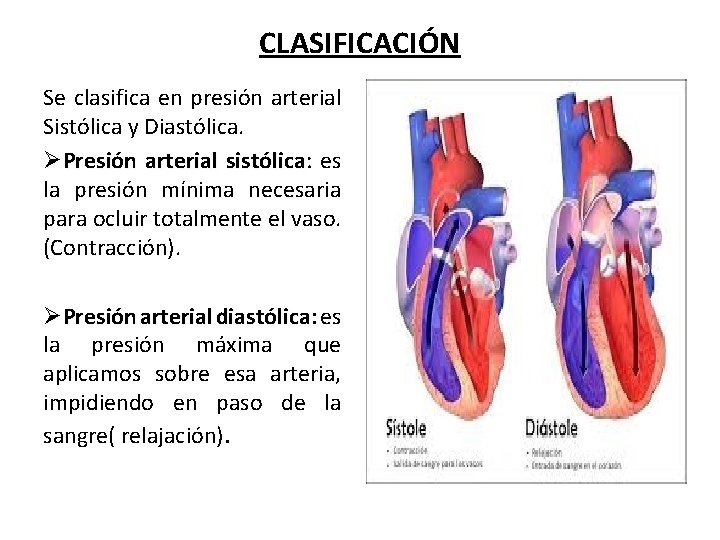 CLASIFICACIÓN Se clasifica en presión arterial Sistólica y Diastólica. ØPresión arterial sistólica: sistólica es