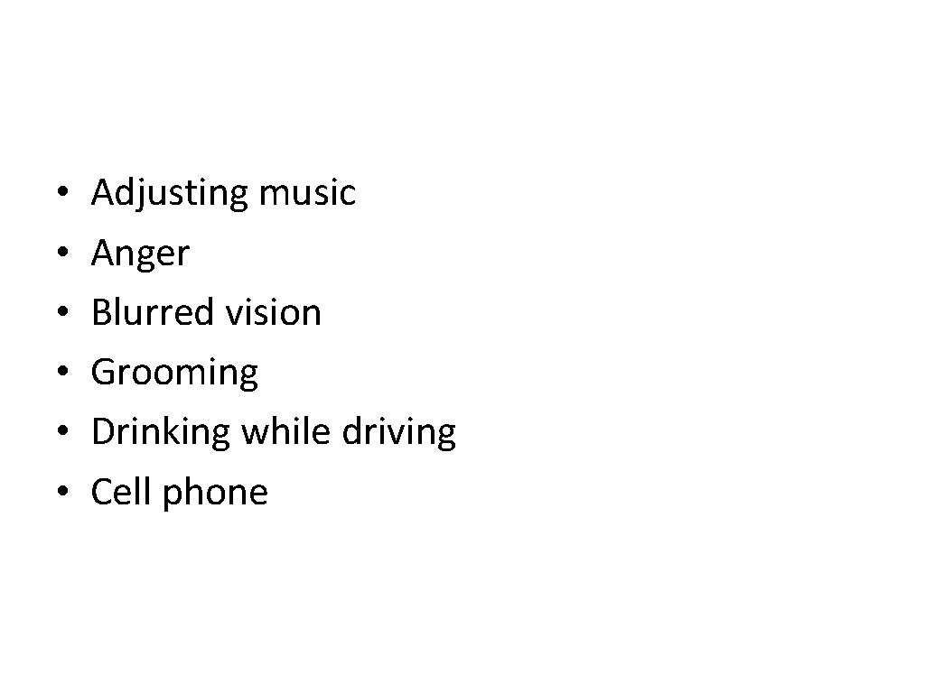  • • • What are driver contributed factors? Adjusting music Anger Blurred vision