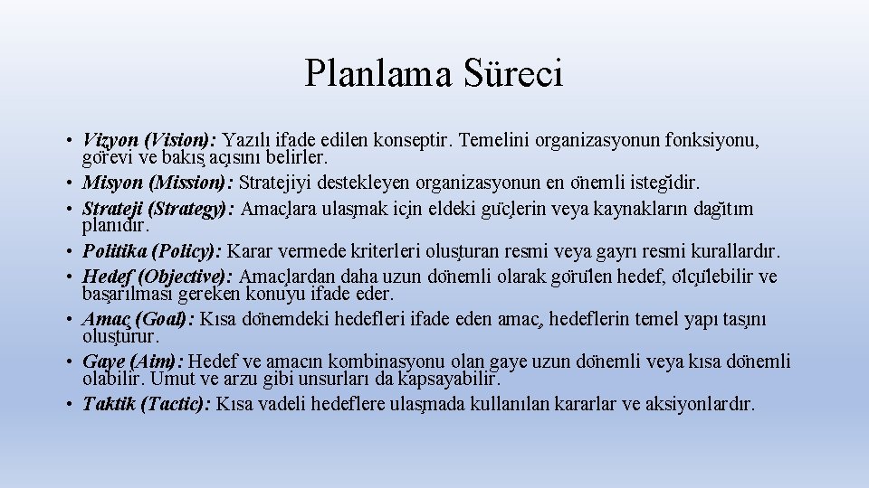 Planlama Süreci • Vizyon (Vision): Yazılı ifade edilen konseptir. Temelini organizasyonun fonksiyonu, go revi