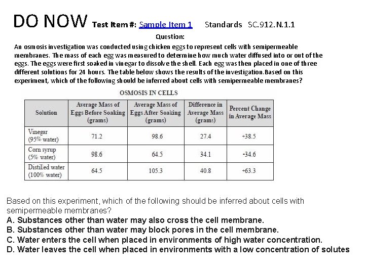 DO NOW Test Item #: Sample Item 1 Standards SC. 912. N. 1. 1