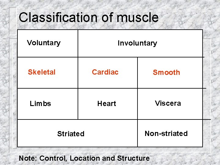 Classification of muscle Voluntary Involuntary Skeletal Cardiac Smooth Limbs Heart Viscera Striated Non-striated Note: