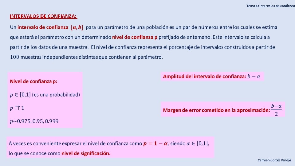 Tema 4: Intervalos de confianza INTERVALOS DE CONFIANZA: Carmen Cortés Parejo 