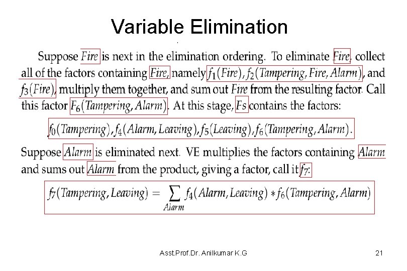 Variable Elimination Asst. Prof. Dr. Anilkumar K. G 21 