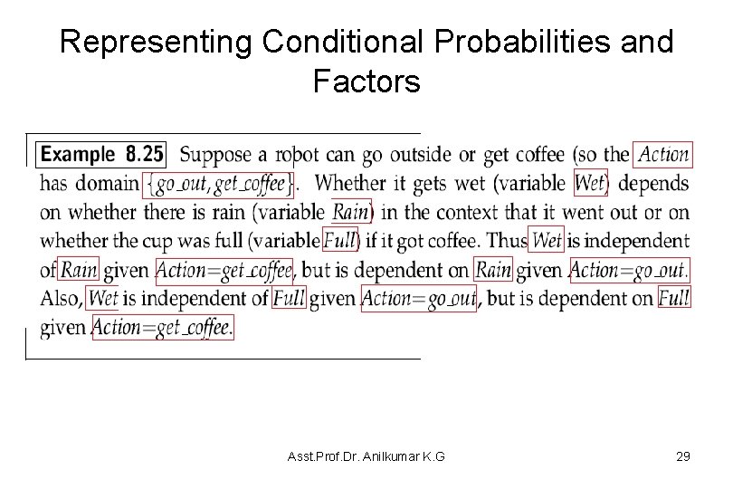 Representing Conditional Probabilities and Factors Asst. Prof. Dr. Anilkumar K. G 29 