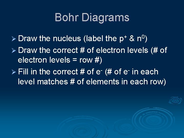 Bohr Diagrams Ø Draw the nucleus (label the p+ & n 0) Ø Draw