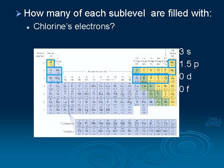 Ø How many of each sublevel l are filled with: Chlorine’s electrons? 3 s