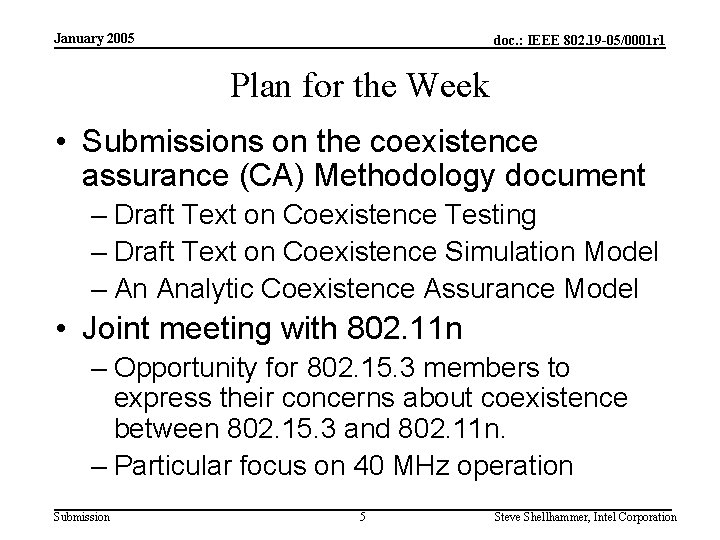 January 2005 doc. : IEEE 802. 19 -05/0001 r 1 Plan for the Week