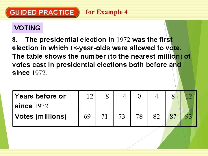 GUIDED PRACTICE for Example 4 VOTING 8. The presidential election in 1972 was the