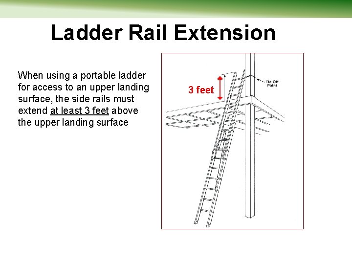 Ladder Rail Extension When using a portable ladder for access to an upper landing