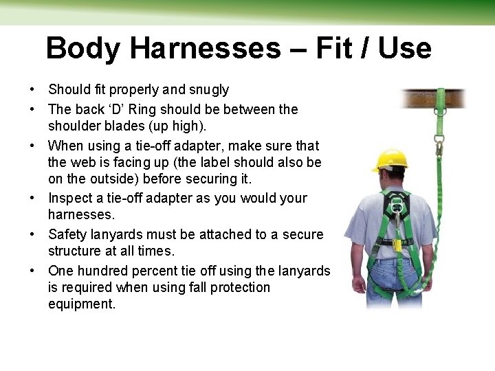 Body Harnesses – Fit / Use • Should fit properly and snugly • The