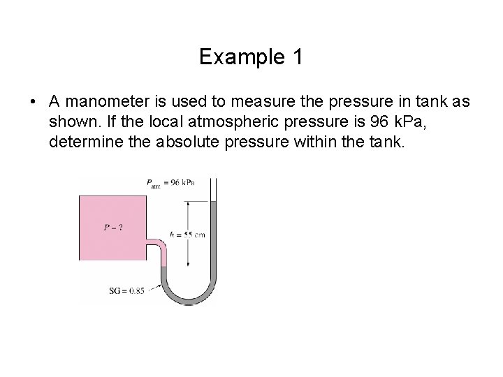 Example 1 • A manometer is used to measure the pressure in tank as Example 1 • A manometer is used to measure the pressure in tank as