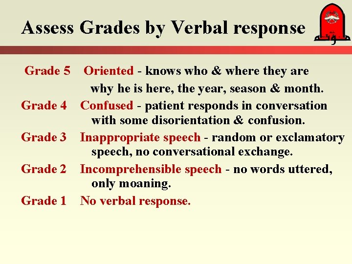 Assess Grades by Verbal response Grade 5 Grade 4 Grade 3 Grade 2 Grade