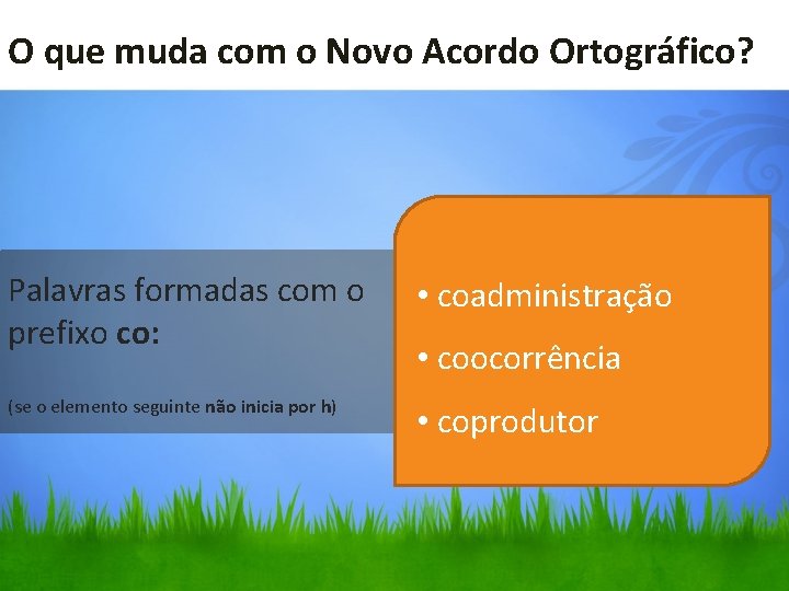 O que muda com o Novo Acordo Ortográfico? Palavras formadas com o prefixo co: