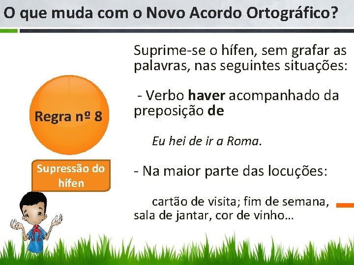 O que muda com o Novo Acordo Ortográfico? Suprime-se o hífen, sem grafar as