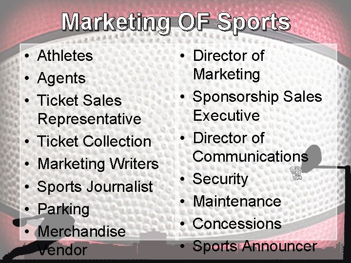 Marketing OF Sports • Athletes • Agents • Ticket Sales Representative • Ticket Collection