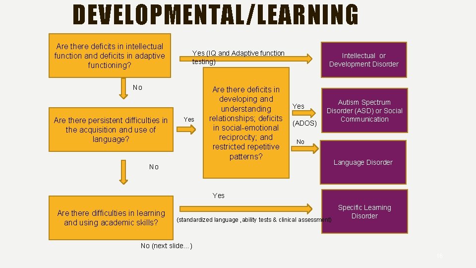 DEVELOPMENTAL/LEARNING Are there deficits in intellectual function and deficits in adaptive functioning? Yes (IQ