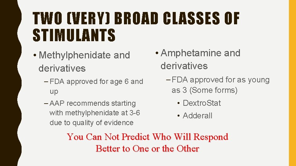 TWO (VERY) BROAD CLASSES OF STIMULANTS • Methylphenidate and derivatives – FDA approved for