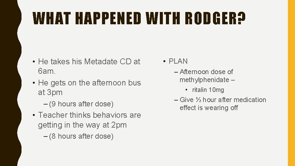 WHAT HAPPENED WITH RODGER? • He takes his Metadate CD at 6 am. •