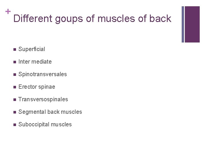 + Different goups of muscles of back n Superficial n Inter mediate n Spinotransversales