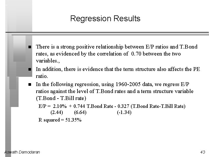 Regression Results There is a strong positive relationship between E/P ratios and T. Bond