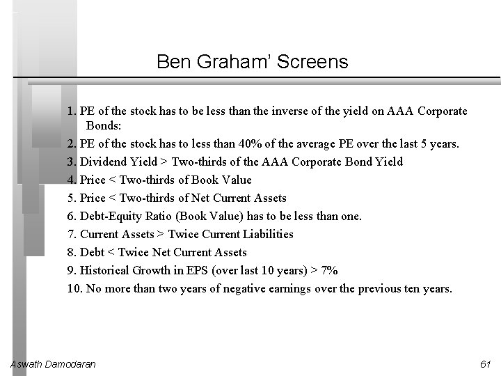 Ben Graham’ Screens 1. PE of the stock has to be less than the