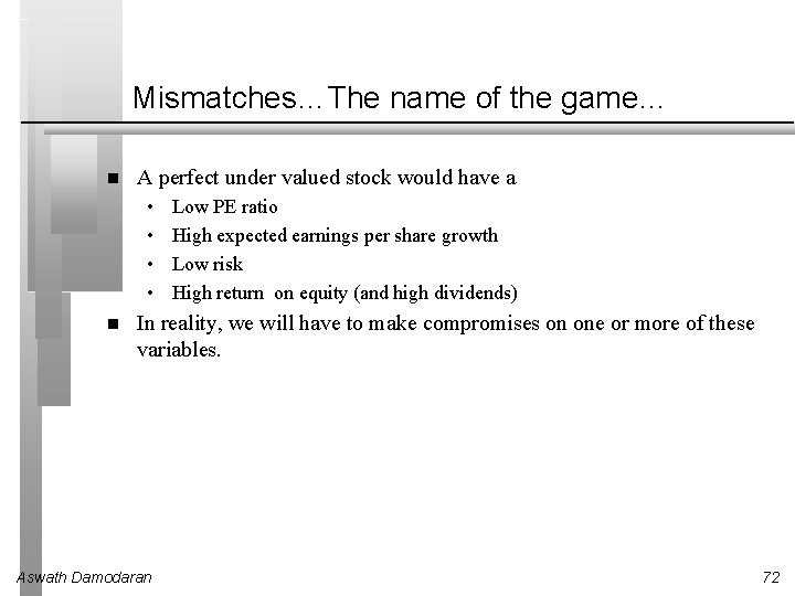 Mismatches…The name of the game… A perfect under valued stock would have a •