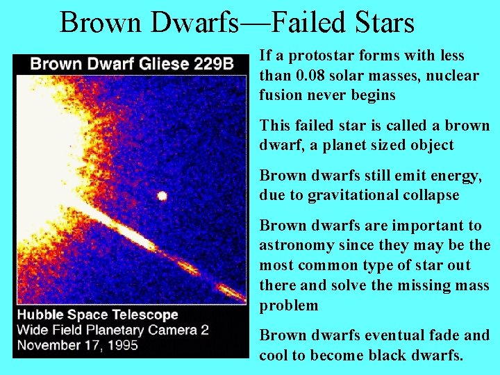 Brown Dwarfs—Failed Stars If a protostar forms with less than 0. 08 solar masses,