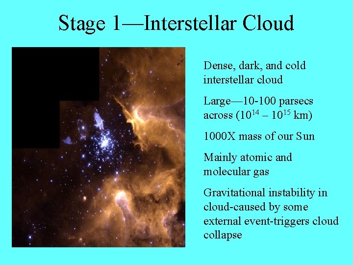 Stage 1—Interstellar Cloud Dense, dark, and cold interstellar cloud Large— 10 -100 parsecs across