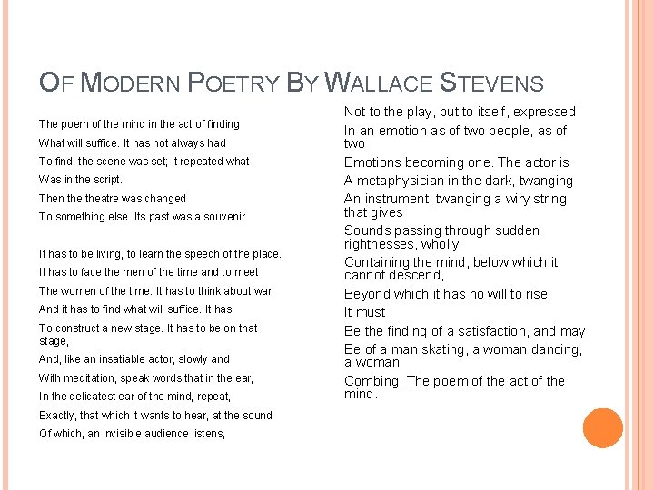 OF MODERN POETRY BY WALLACE STEVENS The poem of the mind in the act