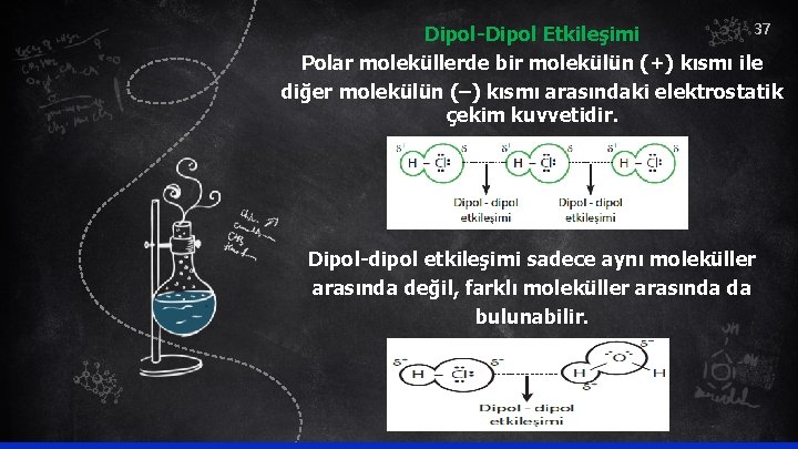 37 Dipol-Dipol Etkileşimi Polar moleküllerde bir molekülün (+) kısmı ile diğer molekülün (–) kısmı